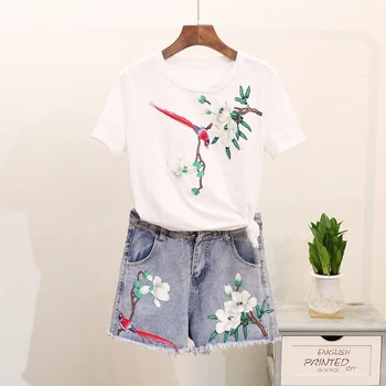 ALPHALMODA European Fashion Shorts Tshirts 2pcs Suits Floral Appliques Stylish Summer Tshirts Denim Shorts Set for Women S-XL
ALPHALMODA European Fashion Shorts Tshirts 2pcs Suits Floral Appliques Stylish Summer Tshirts Denim Shorts Set for Women S-XL