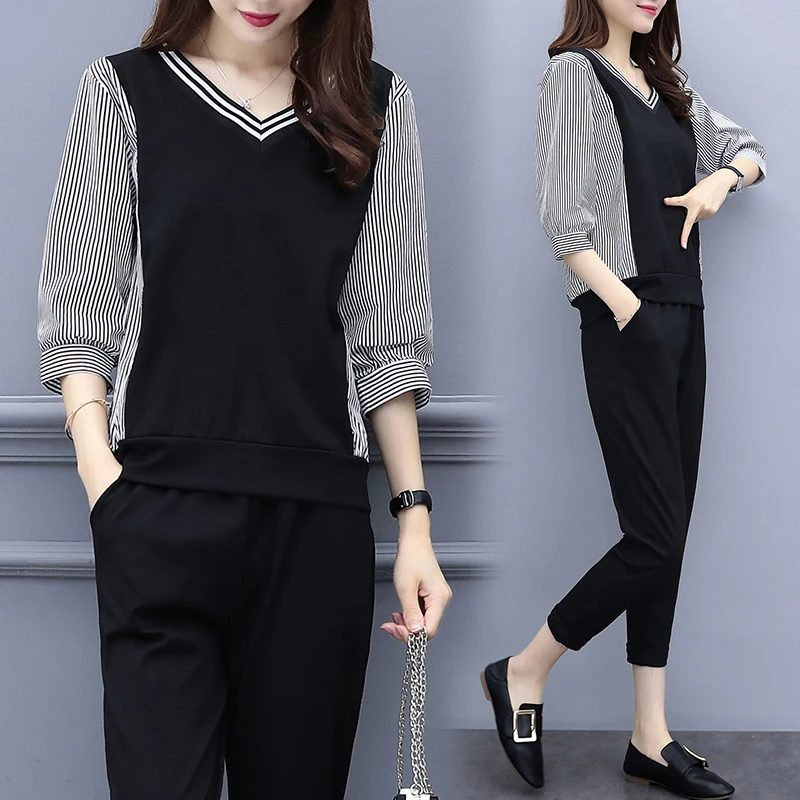 2018 new plus size XL - 5XL Autumn OL outfit fashion patch work women stripe shirt top + black pant trouser suit sets O68
2018 new plus size XL - 5XL Autumn OL outfit fashion patch work women stripe shirt top + black pant trouser suit sets O68