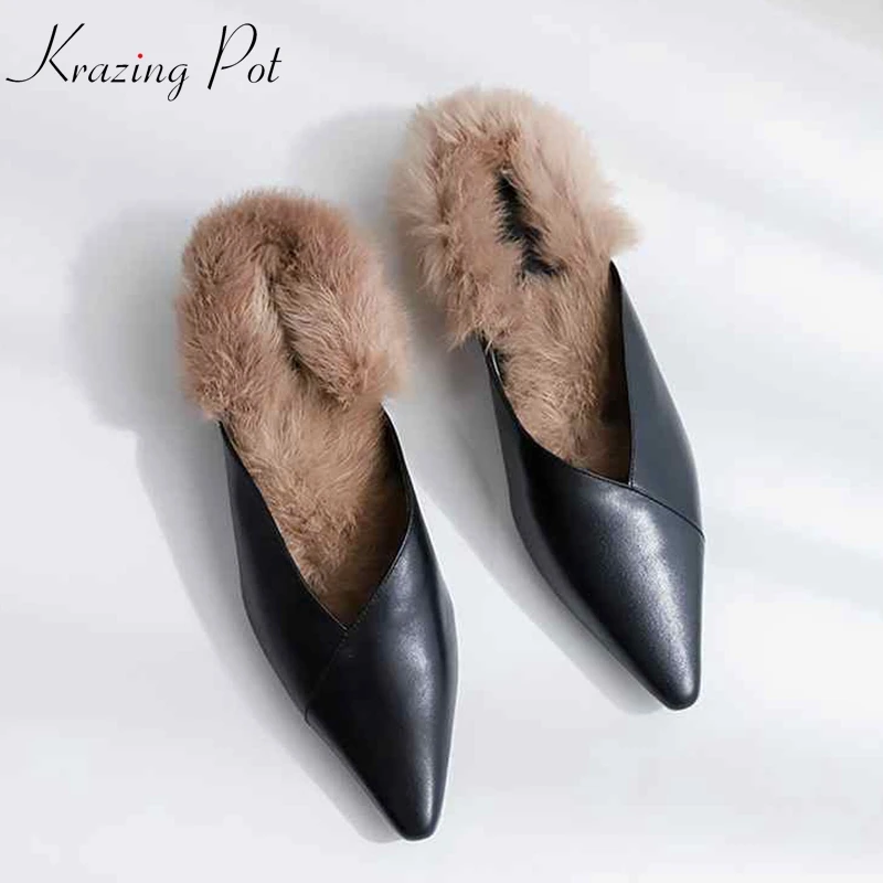 Krazing Pot 2018 genuine leather rabbit fur mules women fashion spike heels empty back pointed toe keep warm European pumps L55
Krazing Pot 2018 genuine leather rabbit fur mules women fashion spike heels empty back pointed toe keep warm European pumps L55
