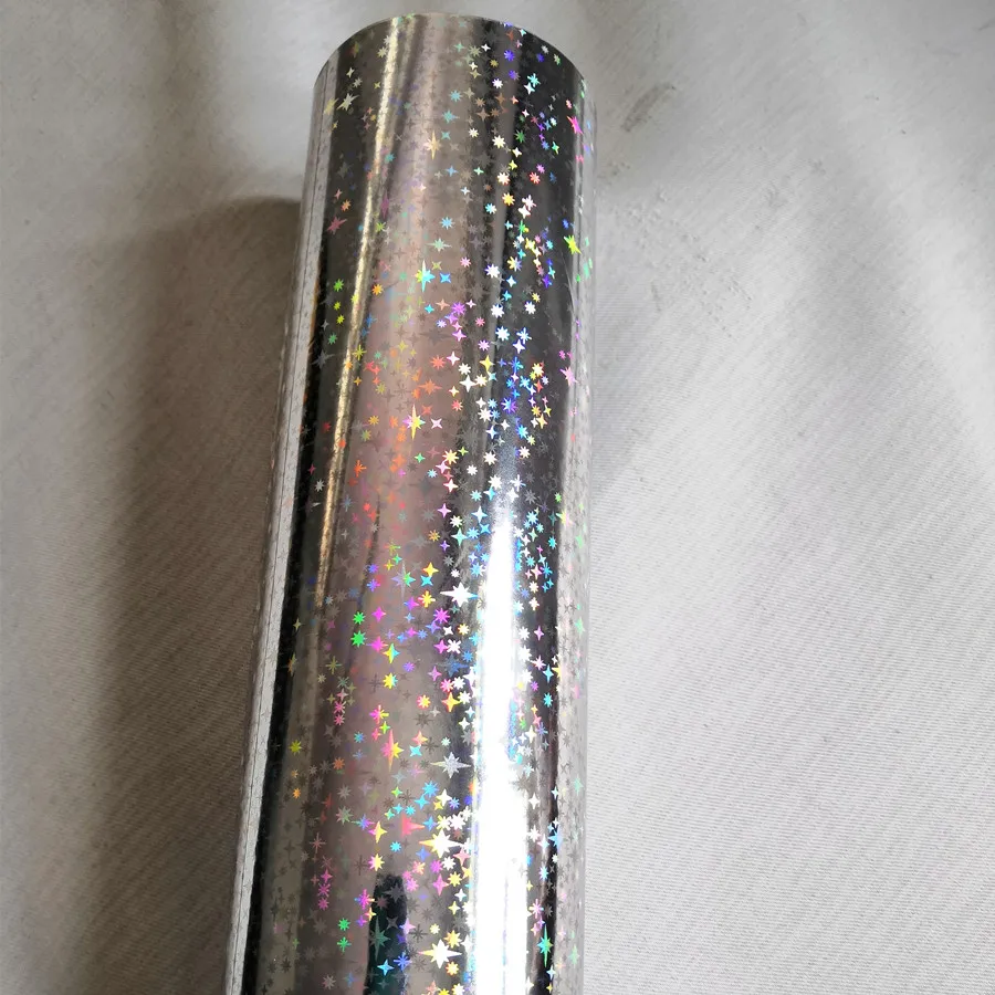 

Holographic foil stamping foil silver sparkles star pattern hot press on paper or plastic 21cm x120m heat stamping film