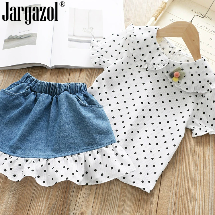 Girls Summer Outftis Baby Girl's Clothes Set Dot Printed Blouse Shirt and Jeans Skirt Kids Wear Children Clothing Drop Shipping
Girls Summer Outftis Baby Girl's Clothes Set Dot Printed Blouse Shirt and Jeans Skirt Kids Wear Children Clothing Drop Shipping