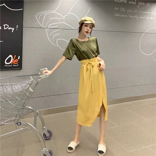 Solid 2 Piece Set Women Short Sleeves O-neck Tops Elastic Waist Mid-calf Open Side Split Skirts Casual Women Sets Clothes
Solid 2 Piece Set Women Short Sleeves O-neck Tops Elastic Waist Mid-calf Open Side Split Skirts Casual Women Sets Clothes