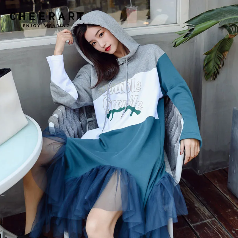 Cheerart Streetwear Hoodie Dress Women Asymmetrical Sweatshirt Dress Mesh Patchwork Colorblock Long Midi Dress Autumn 2018
Cheerart Streetwear Hoodie Dress Women Asymmetrical Sweatshirt Dress Mesh Patchwork Colorblock Long Midi Dress Autumn 2018