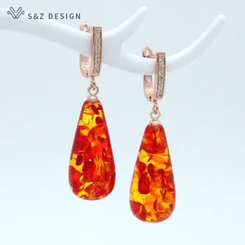 

S&Z New Trendy Colorful Flower Ambers Water Drop Dangle Earrings 585 Rose Gold Temperament Eardrop Women Wedding Fine Jewelry