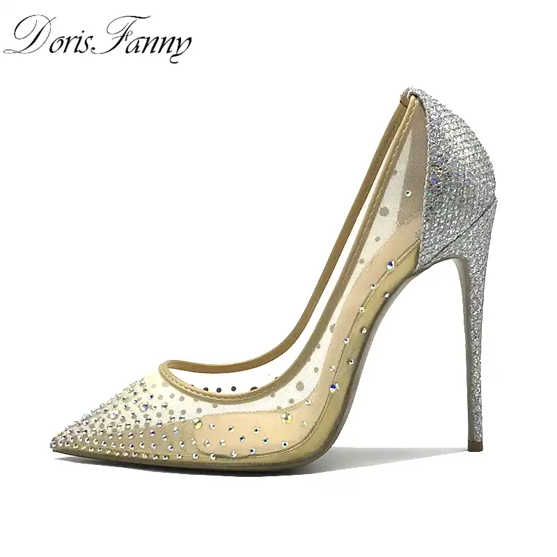 beige rhinestone heels
