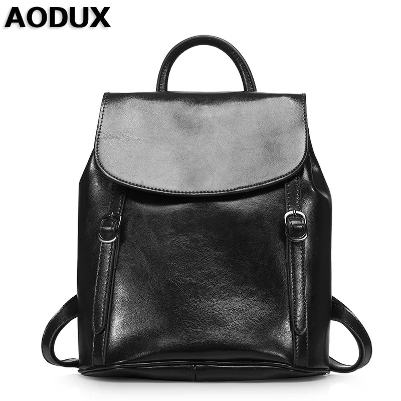 

AODUX Backpack Bags Famous Brands Oil Wax Leather Women Backpacks Girl Female Second Layer Genuine Leather Backpack Cowhide Bag
