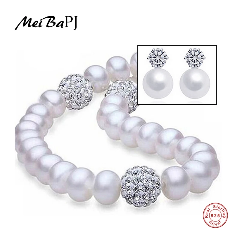 

[MeiBaPJ]New Sale 8-9mm Big Size Natural Freshwater Pearl Beads Noble Jewelry Sets S925 Sterling Silver Wedding Women Jewelry