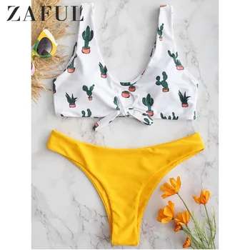 

ZAFUL Knot Cactus Print Plunge Bikini Set Swimwear Women Contrast Swimsuit Sexy Low Waist Padded Bathing Suit Brazilian Biquni