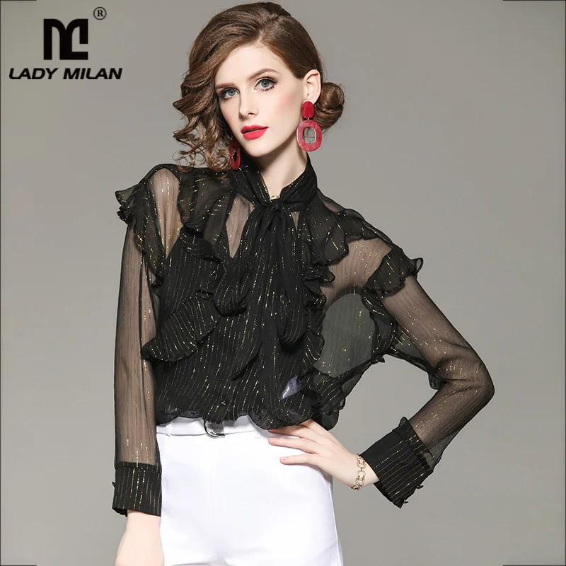 Lady Milan 2019 100% Silk Women's Runway Shirts Bow Collar Long Sleeves Striped Ruffles Elegant Fashion Blouse Shirts
Lady Milan 2019 100% Silk Women's Runway Shirts Bow Collar Long Sleeves Striped Ruffles Elegant Fashion Blouse Shirts