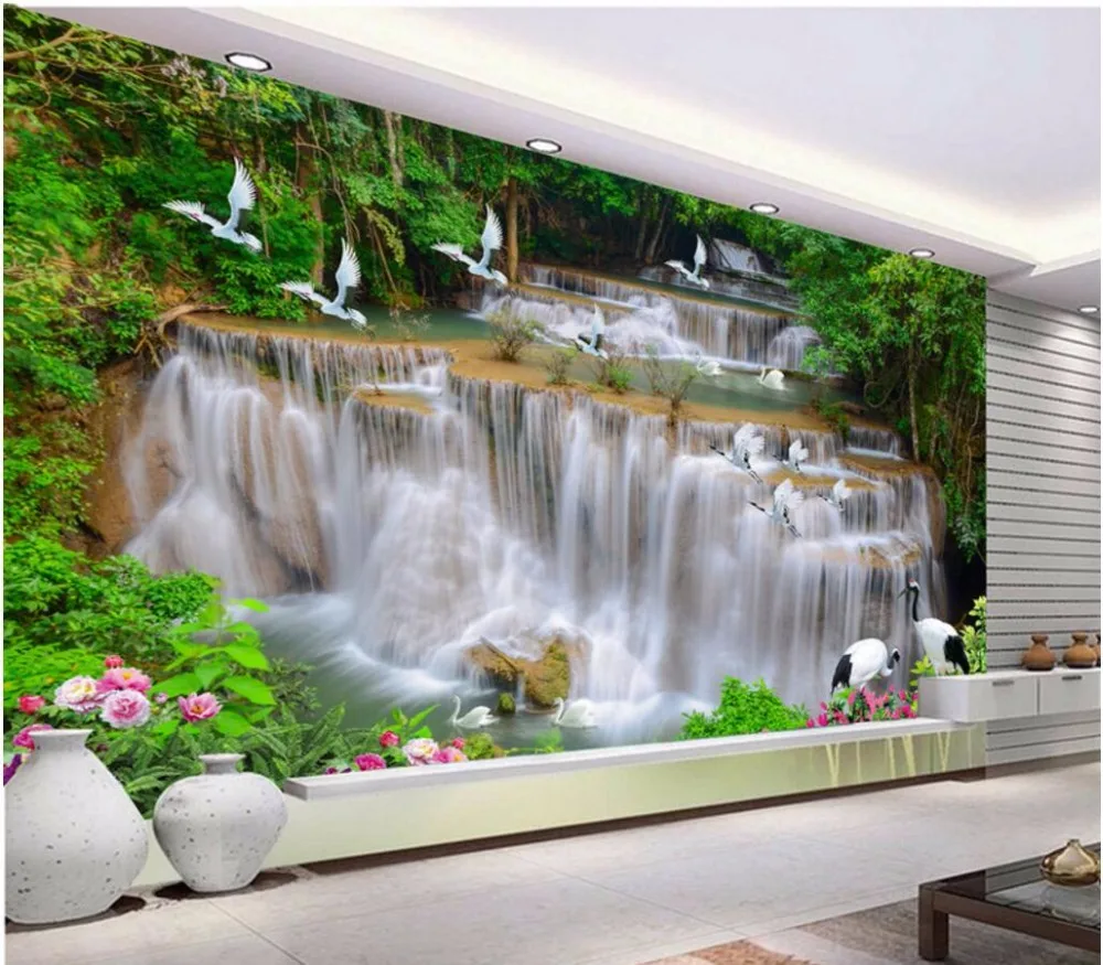 

Custom mural photo 3d wallpaper Waterfall river forest white crane TV background painting 3d wall murals wallpaper for walls 3 d