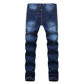 

HMILY Men's Jeans Ripped Striaght Slim Dark Blue Elasticity Painted Soft Biker Jeans High Street Distressed Cowboys Pants