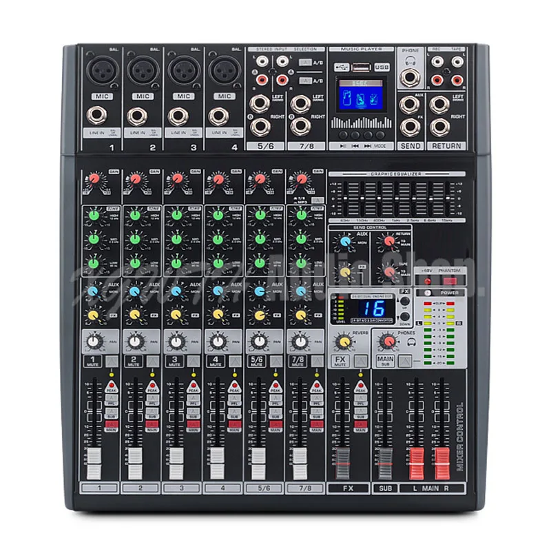 8 Channel Mixer 16 Digital Reverb Effects Seven Band Equalizer Mixing Console with USB +48V Phantom Power
8 Channel Mixer 16 Digital Reverb Effects Seven Band Equalizer Mixing Console with USB +48V Phantom Power
