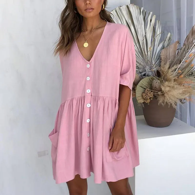 Cotton Blends Middle Dress Women Clothing Summer Casual Loose V-neck Half Sleeve Pocket Dress Beach Party
Cotton Blends Middle Dress Women Clothing Summer Casual Loose V-neck Half Sleeve Pocket Dress Beach Party