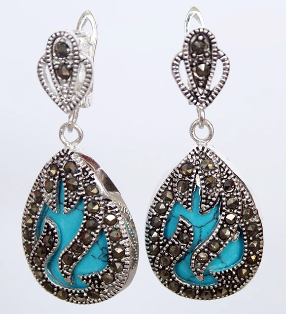 

11/2" fashionable jewelry 925 Silver & Marcasite inlay blue Natural Turquoise Waterdrop Earrings