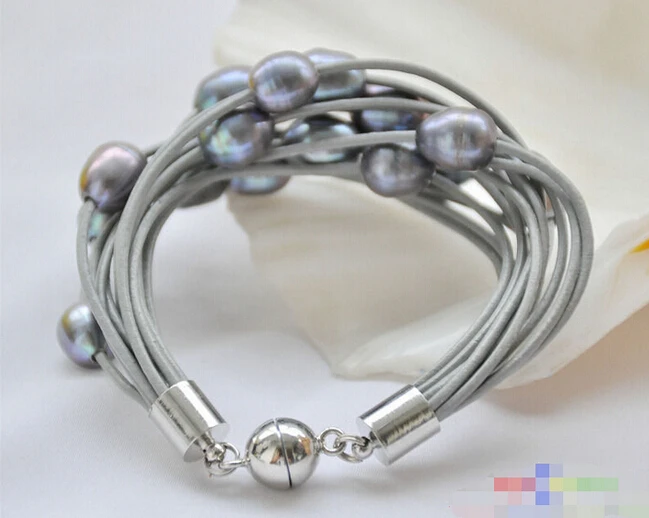hot sell 15row 8" 13mm black rice pearl gray leather bracelet -Bridal jewelry free shipping
hot sell 15row 8" 13mm black rice pearl gray leather bracelet -Bridal jewelry free shipping