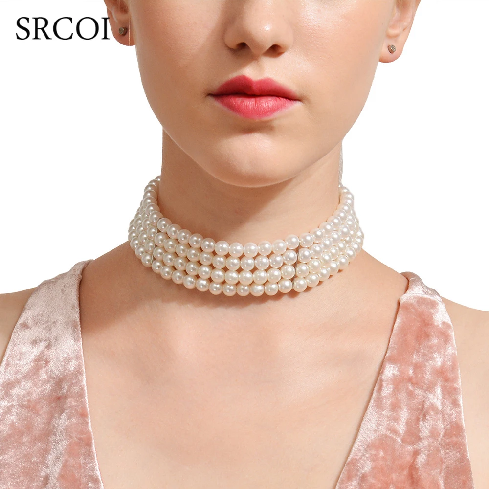 

SRCOI Imitation Pearl Chokers Layered Necklace Elegant Wide Statement Female Collar For Ladies Party Costume Jewelery New Arrive