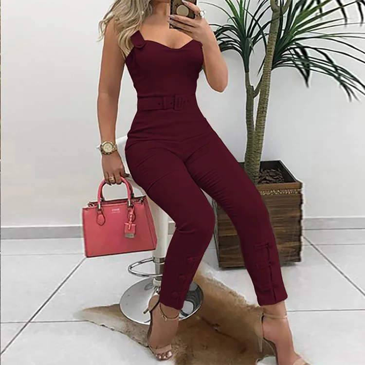New pattern Women's wear sexy V-Neck Sleeveless Jumpsuits 2019 fashion Disc buckle design Tightness Show high show thin bodysuit
New pattern Women's wear sexy V-Neck Sleeveless Jumpsuits 2019 fashion Disc buckle design Tightness Show high show thin bodysuit