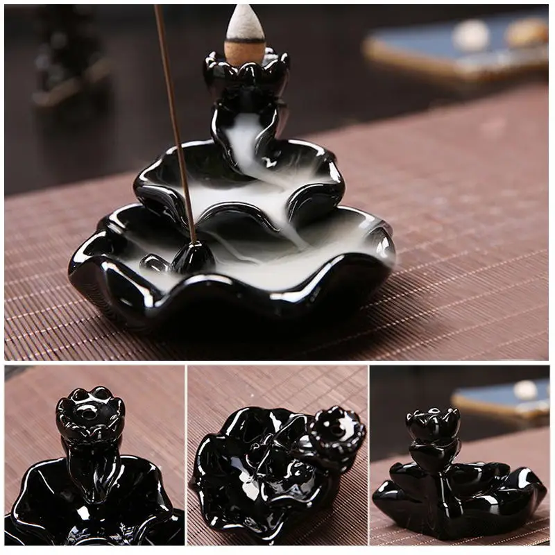 

Classic Incense Censer Holder Censer Burner Porcelain Censer Backflow Waterfall Ceramic Lotus Desktop Relax Antique Buddhist