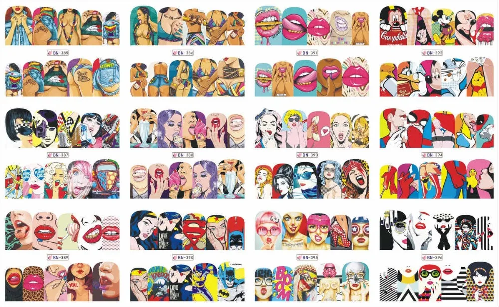 12 PACK/ LOT WATER DECAL NAIL ART NAIL STICKER FULL COVER POP ART URBAN FASHION LADY LIPS BIKINI ICE CREAM BN385-396
12 PACK/ LOT WATER DECAL NAIL ART NAIL STICKER FULL COVER POP ART URBAN FASHION LADY LIPS BIKINI ICE CREAM BN385-396