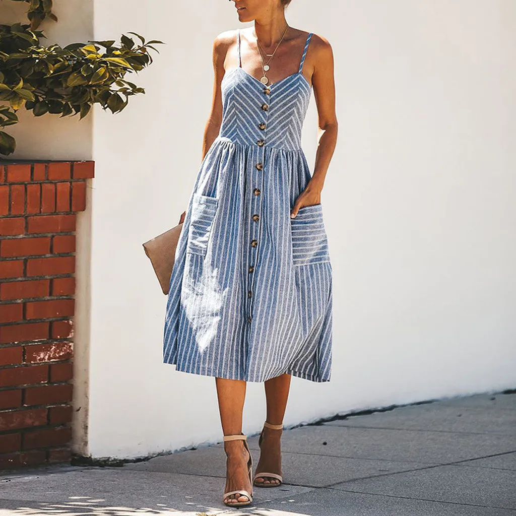 Fashsiualy women's summer sundress Sexy Sleeveless Spaghetti strap dress Striped Button Beach Holiday Dress Pockets Midi vestido
Fashsiualy women's summer sundress Sexy Sleeveless Spaghetti strap dress Striped Button Beach Holiday Dress Pockets Midi vestido