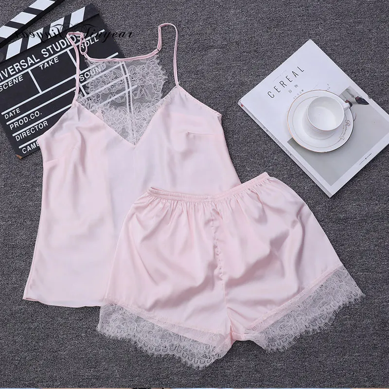 Tinyear 2018 summer style Female Sleep set Women's Deep V-neck Sexy Spaghetti Strap Shorts Sleepwear silk homewear
Tinyear 2018 summer style Female Sleep set Women's Deep V-neck Sexy Spaghetti Strap Shorts Sleepwear silk homewear