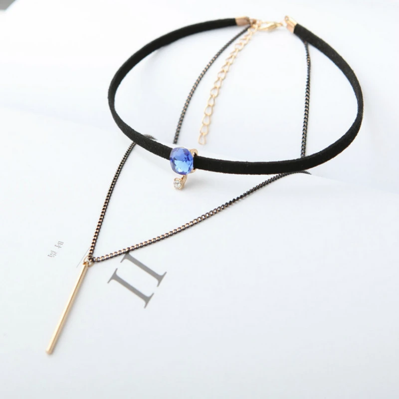 

Korean jewelry double blue imitation gemstone clavicle chain tassel leather necklace vertical bar ornaments Steampunk
