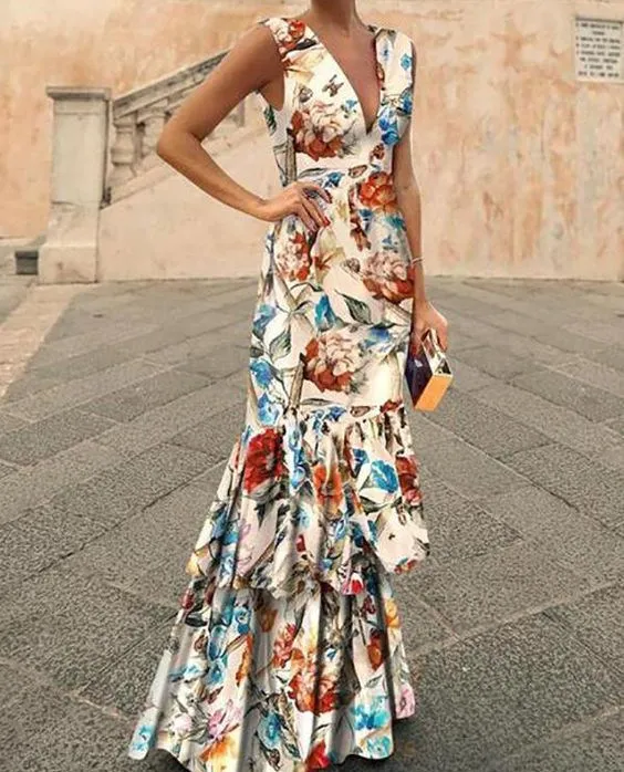 2019 Summer Women Elegant Deep V-Neck Backless Party Dress Sleeveless Bodycon Dress Bohemian Ruffle Floral Print Long Dress
2019 Summer Women Elegant Deep V-Neck Backless Party Dress Sleeveless Bodycon Dress Bohemian Ruffle Floral Print Long Dress
