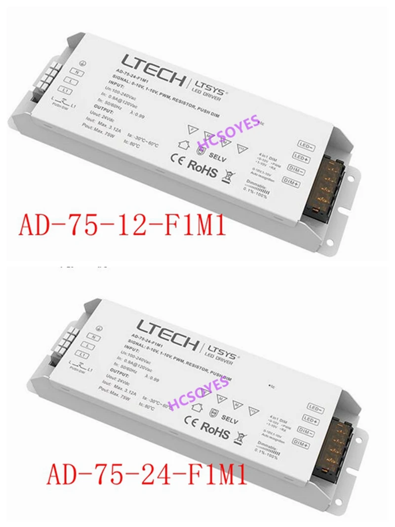 LTECH AD-75-12-F1M1/AD-75-24-F1M1 CV Led Driver AC 110V - 220V input DC 12V 6.2A 75W output PUSH DIM 0/1-10V led dimming driver
LTECH AD-75-12-F1M1/AD-75-24-F1M1 CV Led Driver AC 110V - 220V input DC 12V 6.2A 75W output PUSH DIM 0/1-10V led dimming driver