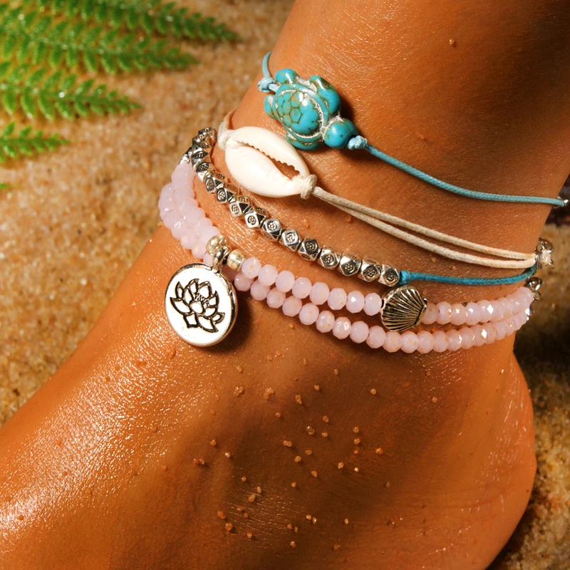 

MOON GIRL Natural Shell Lotus Anklet Set Fashion Boho Crystal Bead Handmade Cowrie Turtle Chic Summer Femme Jewelry Dropshipping