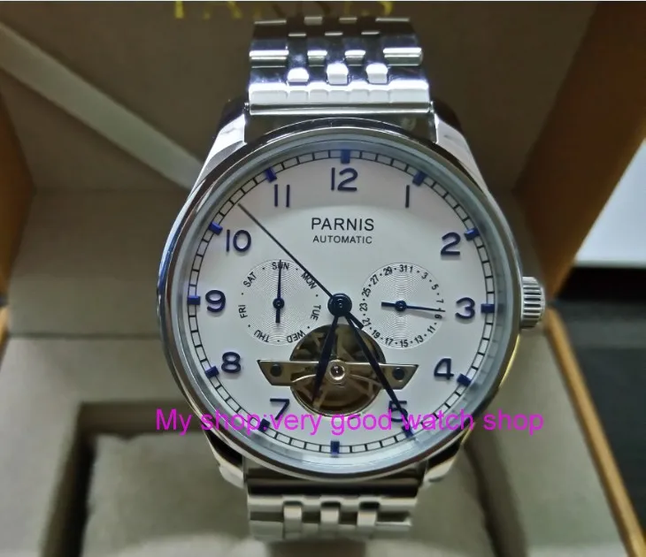 43mm PARNIS Automatic Self-Wind Mechanical movement men's watche multifunction Auto Date and Automatic week zdgd14a 
43mm PARNIS Automatic Self-Wind Mechanical movement men's watche multifunction Auto Date and Automatic week zdgd14a