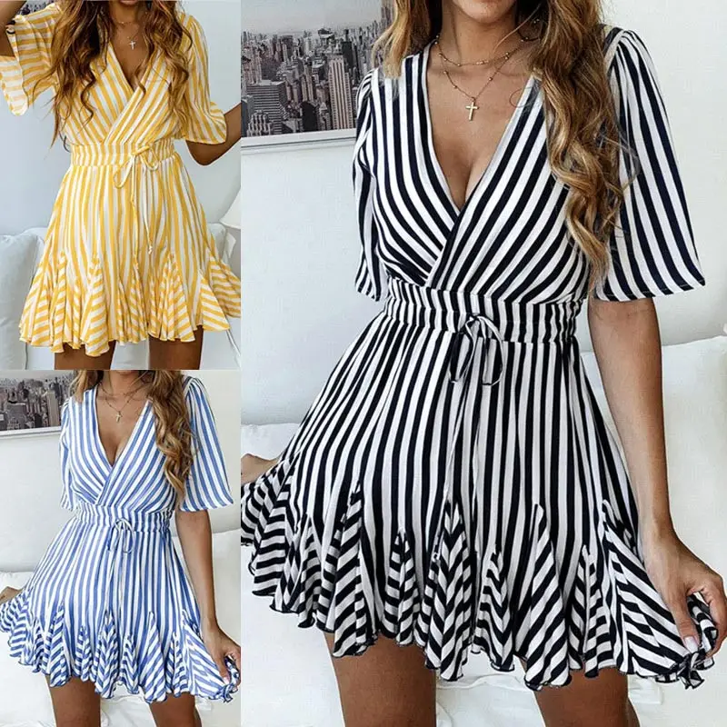 Women Summer Striped Dress Deep V Neck Short Sleeves Irregular Hem Casual Dress IK88
Women Summer Striped Dress Deep V Neck Short Sleeves Irregular Hem Casual Dress IK88