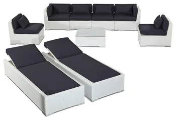 Patio Furniture 9 Piece Sofa Set and Chaise Lounge, White Wicker/Navy
Patio Furniture 9 Piece Sofa Set and Chaise Lounge, White Wicker/Navy