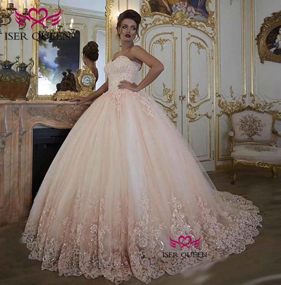 Delicate Embroidered Lace on Net Appliques Sequined Strapless Champagne Ball Gown Tiered Tulle Wedding Dresses 2019 W0348
Delicate Embroidered Lace on Net Appliques Sequined Strapless Champagne Ball Gown Tiered Tulle Wedding Dresses 2019 W0348