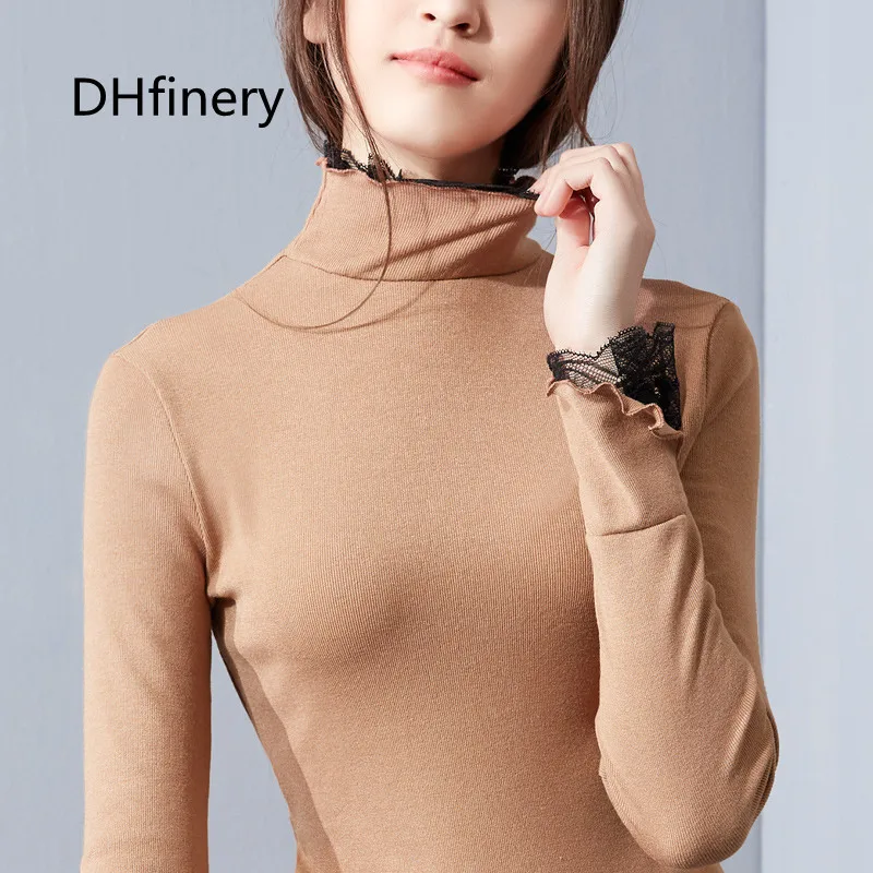 DHfinery Lace turtleneck T-shirt women autumn winter full sleeve splicing cuffs t-shirts red khaki brown Multicolor top sg27336
DHfinery Lace turtleneck T-shirt women autumn winter full sleeve splicing cuffs t-shirts red khaki brown Multicolor top sg27336