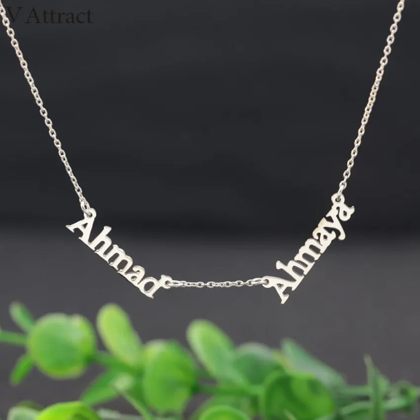 V Attract Best Friends Personalized Two Name Necklace Couples Lovers Jewelry Stainless Steel Colar Custom Family Choker 29