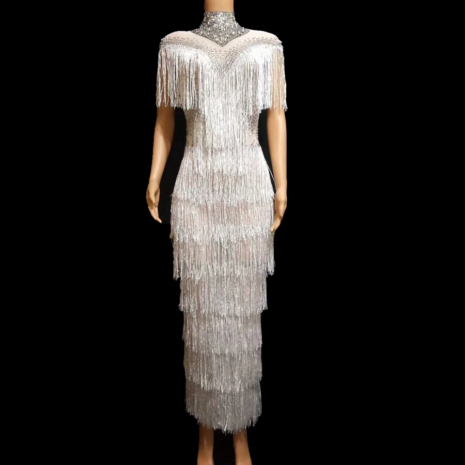 New Crystals Mesh See Through Fringes Long Dress Women Birthday Evening Party Dress Sexy Bandage White Tassel Dresses Stage Wear
New Crystals Mesh See Through Fringes Long Dress Women Birthday Evening Party Dress Sexy Bandage White Tassel Dresses Stage Wear