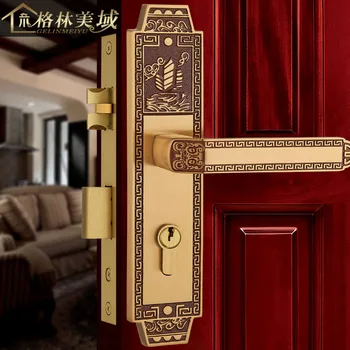 Pure copper Chinese interior bedroom solid wood door lock villa European full copper door lock solid wood door lock