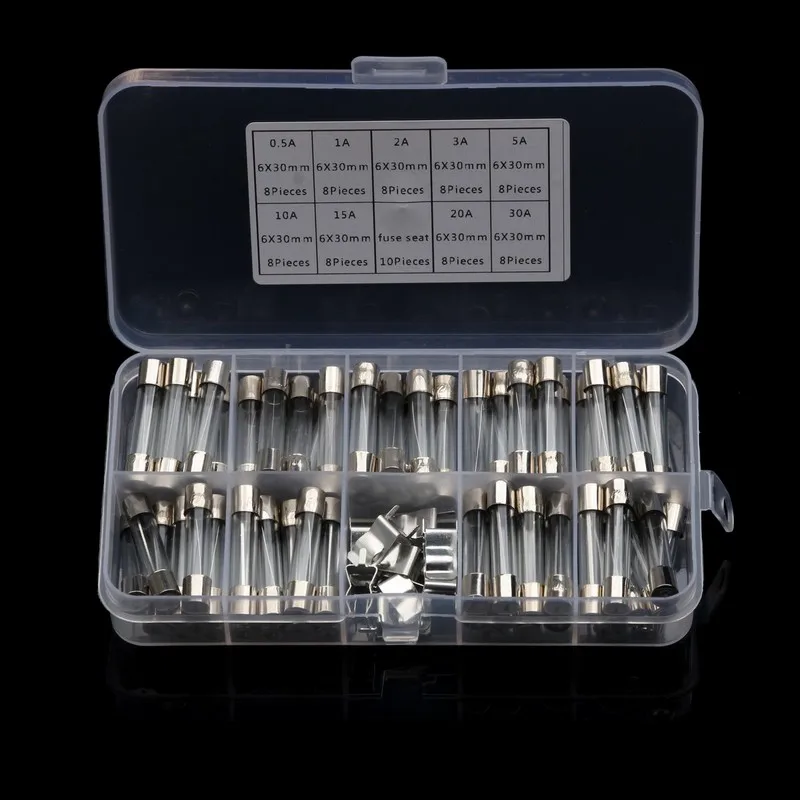 

72pcs/box 0.5A/1A/2A/3A/5A/10A/15A/20A/30A Quick Fast-Blow Glass Tube Fuses With Fuse Seat Assorted Kit 250V 30x6mm