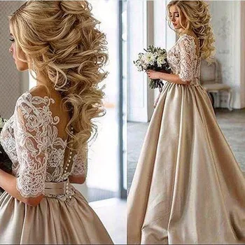 2018 Elegant Champagne Wedding Gowns Sheer Neck Half Sleeves Appliques Lace Satin Women Party Dresses Real Image
2018 Elegant Champagne Wedding Gowns Sheer Neck Half Sleeves Appliques Lace Satin Women Party Dresses Real Image