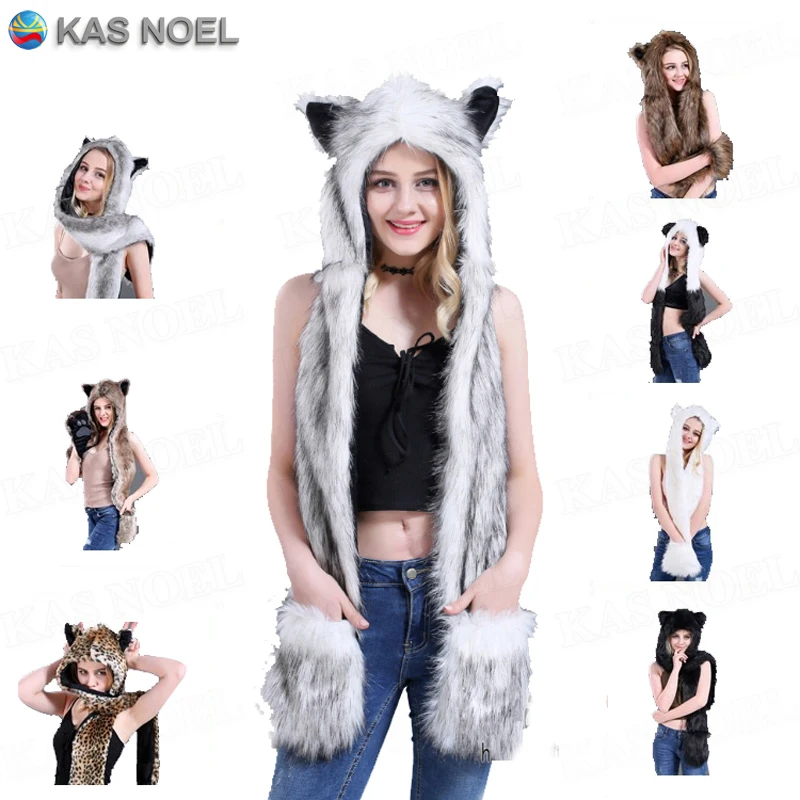 

Winter White Wolf Anime Paws Ears Faux Animal Hood Hoods Mittens Gloves Scarf Zipper With Fleece Lined Plush Cosplay Husky Cap