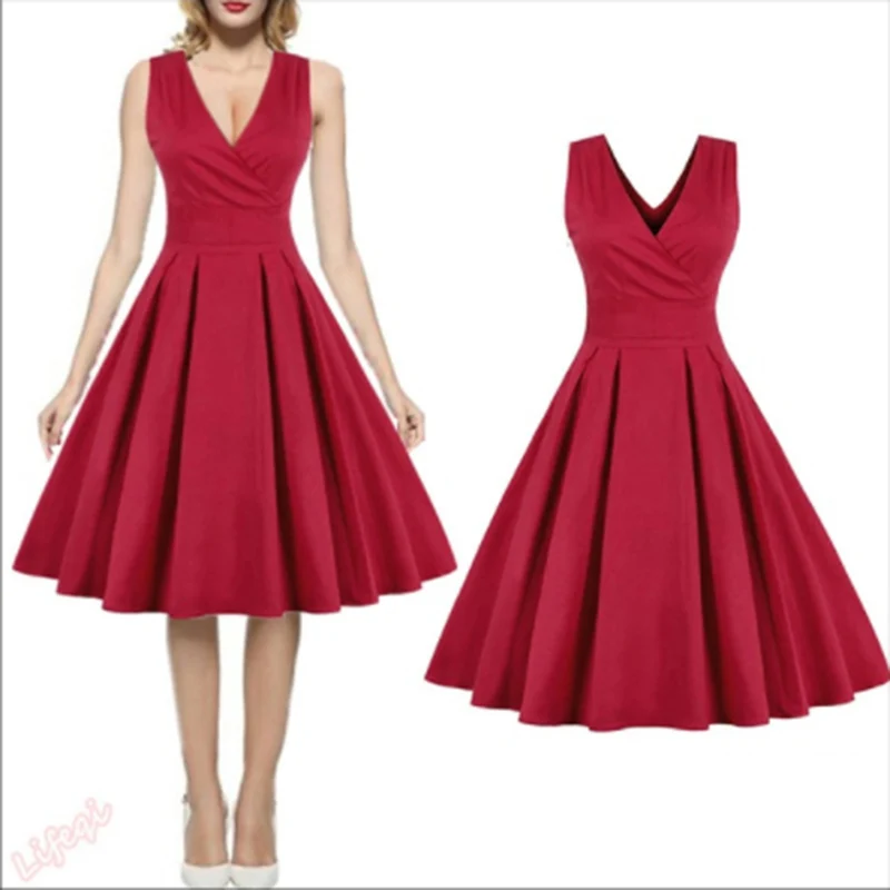 Summer Dresses Women Sexy Deep V Neck High Waist Vintage Party Dress Solid Color Knee Length Ball Gown Pleated Dress Vestidos
Summer Dresses Women Sexy Deep V Neck High Waist Vintage Party Dress Solid Color Knee Length Ball Gown Pleated Dress Vestidos