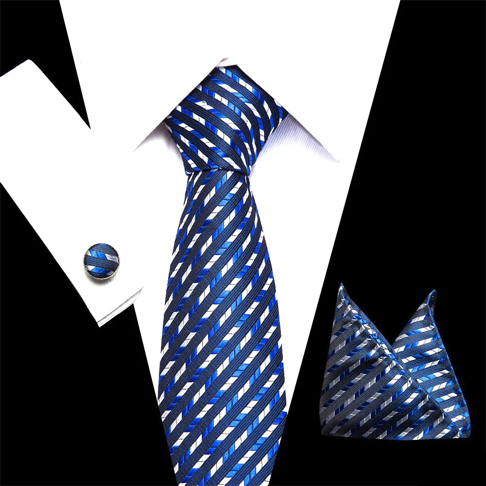 Мужские галстуки-Запонки Kravat в синюю полоску с узором пейсли из 100% шелка для