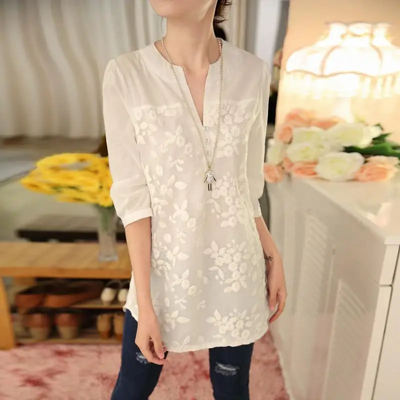 New V-neck Organza Embroidered Shirt White Lace Blouse Top Plus Size Mori Girls Summer Korean Women Blouse Flower Print Blouse
New V-neck Organza Embroidered Shirt White Lace Blouse Top Plus Size Mori Girls Summer Korean Women Blouse Flower Print Blouse