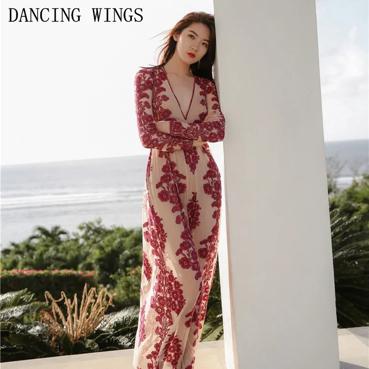Beach Dress Women 2018 Summer Deep V Neck Seaside Maxi Dress Women's Long Sleeve Lace Embroidery Floral Floor-Length Dress
Beach Dress Women 2018 Summer Deep V Neck Seaside Maxi Dress Women's Long Sleeve Lace Embroidery Floral Floor-Length Dress