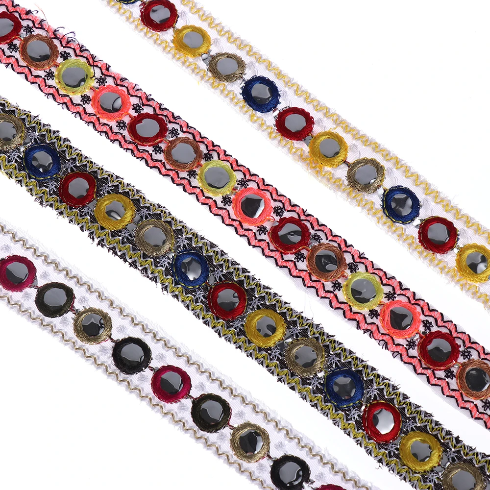 

1yard 2cm Width Ethnic Mirror Embroidered Webbing Lace Trim Handmade Sewing Net Yarn Ribbons Clothing Decorative Trim