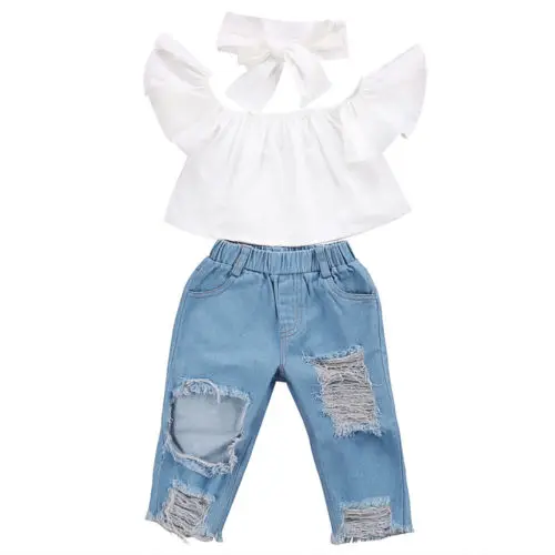 Toddler Kid Girls Clothing Off Shoulder Butterfly Sleeve Tops Vest Ripped Hole Pants Outfits Baby Girl Clothes Set
Toddler Kid Girls Clothing Off Shoulder Butterfly Sleeve Tops Vest Ripped Hole Pants Outfits Baby Girl Clothes Set