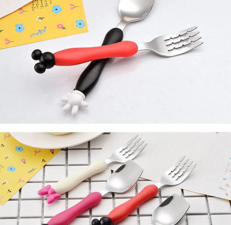 Lovely Cartoon Stainless Steel Mickey Minnie Fork Kids Dinnerware Tableware Set Child Baby Soft Silicone Handle Children Cutlery (7)