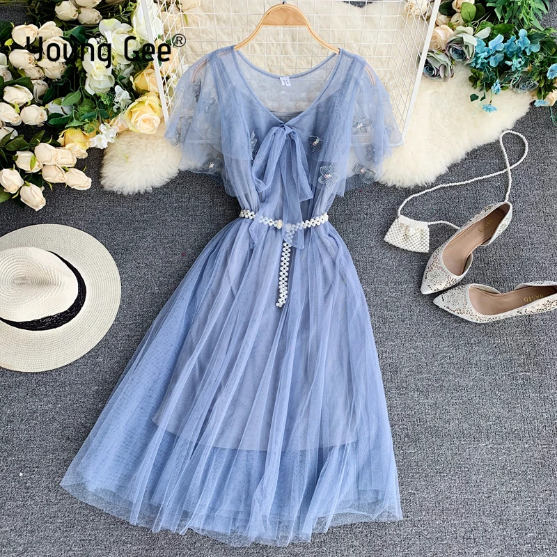 

Young Gee Sexy Women 3D Flowers Dress Sheer Mesh Summer A-line Dress See-through Blue Mint Green 2019 Dress vestidos de festa