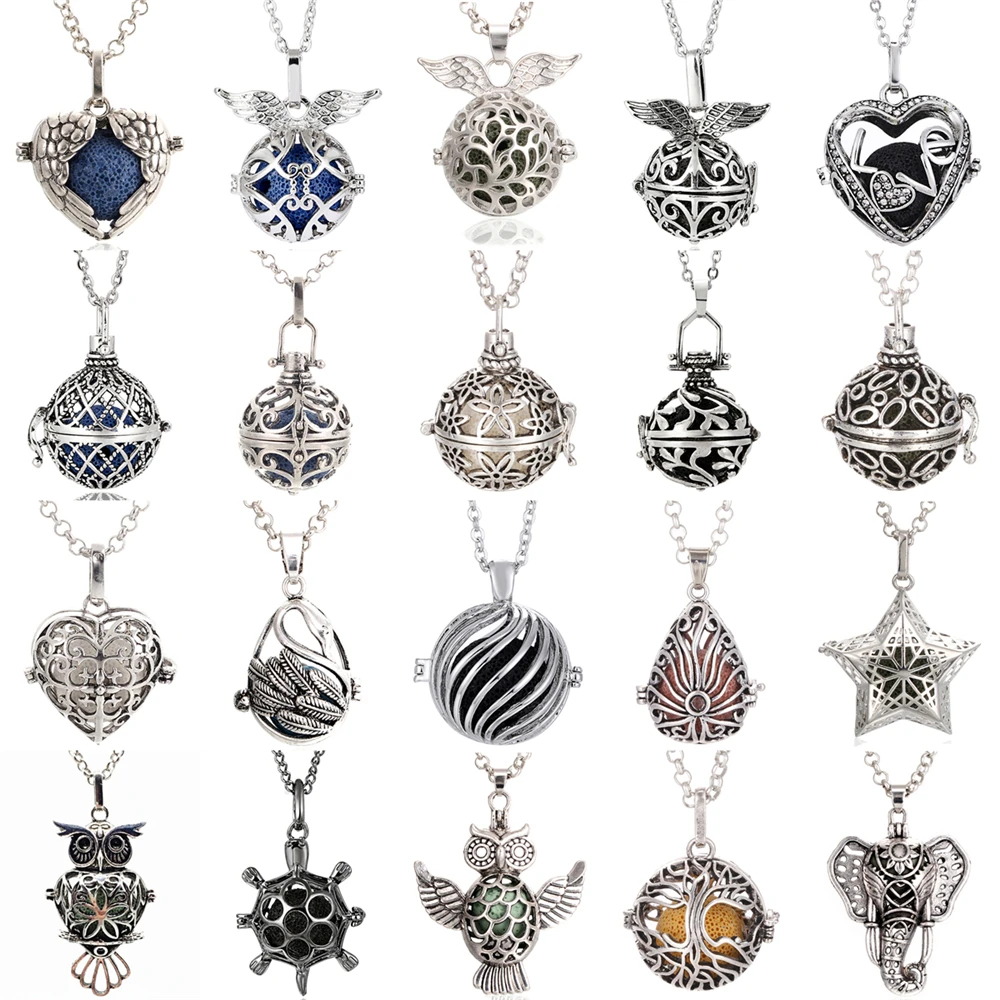 

41 Styles Love Heart Star Ball Lava Rock Aroma Essential Oil Diffuser Necklace Hollow Open Locket Pendant With 70cm SS Chain