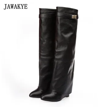 2017 New Leather Long Boots Woman Pointed Toe High Heel Knight Boots Women Belt Strap Metal Shark Lock Wedge Knee High Boots
2017 New Leather Long Boots Woman Pointed Toe High Heel Knight Boots Women Belt Strap Metal Shark Lock Wedge Knee High Boots